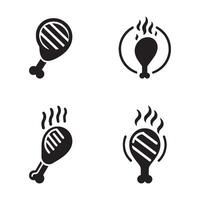 Grilled Chicken Leg Icons Set with Steam Four Different Poses Black and White Food Silhouette chicken leg icons are presented vector