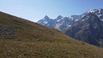 Aerial view of hikers walking along a high-altitude trail video