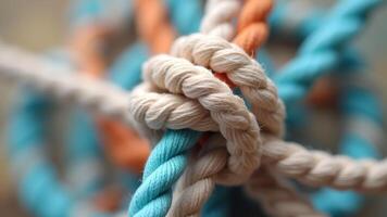 Abstract macro photograph of colorful ropes twisted together in a knot showcasing texture and connection photo