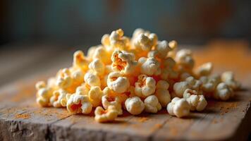 Golden kernels of popcorn piled high on rustic wooden surface under gentle lighting detail photo
