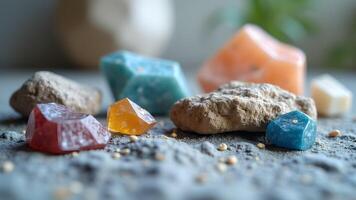 Colorful crystal and stone assortment on gray textured surface showcasing vibrant colors with natural elements in soft focus photo