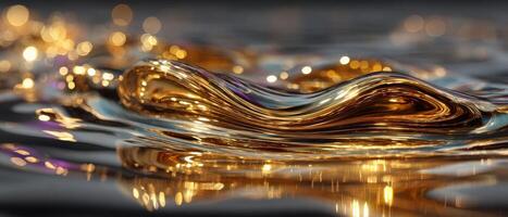 Abstract golden liquid wave with bokeh lights, shimmering metallic surface reflecting light Concept of luxury, elegance, and fluid motion photo