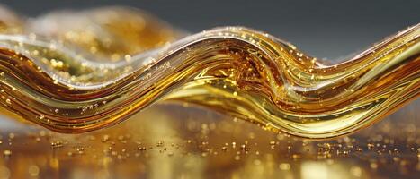Abstract golden fluid wave with sparkling bubbles, flowing honey texture for luxury cosmetic background Concept of beauty, skincare, and liquid gold photo
