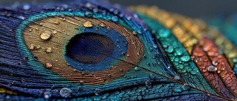Iridescent Peacock Feather with Water Droplets in Macro Shot Displaying Vibrant Colors and Intricate Details Concept of Nature, Beauty, and Delicate Textures photo