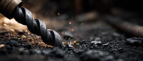 Close-up of a drill bit drilling into dark soil, showcasing construction, industry, and the power of drilling technology. photo