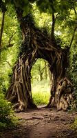 Ancient Tree Roots Forming a Mystical Archway in a Lush Forest. photo