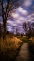 Serene Evening Stroll A Wooden Path Through a Winter Landscape. photo