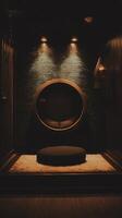 Serene Dark Room Interior Design with Circular Chair and Floor Cushion. photo