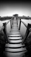 Monochromatic Serenity A Wooden Bridge Leading to Tranquility. photo