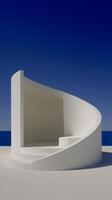 Abstract White Architectural Structure by the Ocean. A minimalist design showcasing curved lines and a modern aesthetic. photo