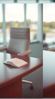 Open Notebook on a Modern Office Desk Near a Window. photo