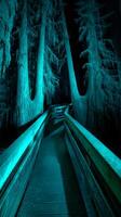 Enchanting Night Walkway Through a Cypress Swamp. A mystical path illuminated by teal light winds through ancient trees draped in Spanish moss. photo