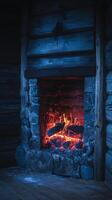 Cozy Fireplace in Rustic Cabin, Winter Night Scene. A close up view of burning embers in a stone fireplace within a log cabin. photo