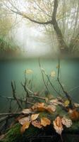 Enchanting Underwater Autumn Scene A Mystical View of Fallen Leaves and Submerged Branches. photo