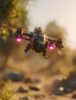 Futuristic Drone Flying Over a Sunny Landscape. A close up view of a technologically advanced aircraft in flight. photo