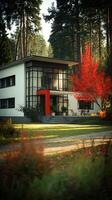 Modernist Architecture House in Autumnal Setting. A stunning architectural photograph of a Bauhaus-style home surrounded by colorful autumn foliage. photo