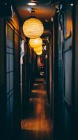Illuminated Pathway A Serene Corridor with Japanese-Style Lanterns. photo