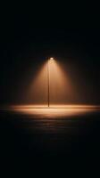 Illuminated Streetlight in Foggy Night Scene. A single street lamp casts a warm glow on a snow covered street at night. photo