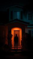 Silhouette of a Person Standing Before a Lit Doorway at Night. photo