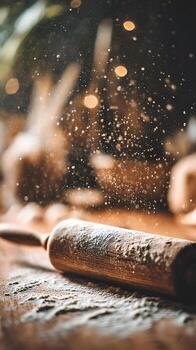 Close up of a wooden rolling pin dusted with flour, surrounded by a bokeh effect and flour particles in motion. photo