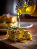 Drizzling Olive Oil on Rosemary Focaccia Bread. A close up image of delicious focaccia bread being drizzled with olive oil. photo