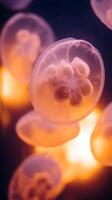 Close Up of Moon Jellyfish Illuminated by Warm Light. A stunning underwater image of multiple jellyfish. photo