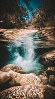 Underwater View of a Waterfall Cascading Over Smooth Rocks with Sunlight Filtering Through the Water. photo
