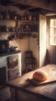 Rustic Kitchen Scene Loaf of Bread on Wooden Table. photo