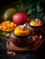 Delicious Mango Pudding with Coconut Flakes in Rustic Bowls. photo