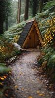 Enchanting A-Frame Cabin nestled in a lush forest with fairy lights. photo