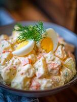 Close up of Creamy Potato Salad with Hard Boiled Eggs and Dill. photo