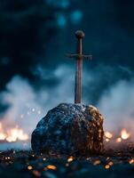 An ancient sword in a stone, illuminated by firelight. A fantasy scene depicting a mystical artifact. photo