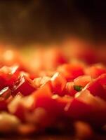 Close Up of Freshly Diced Tomatoes, Vibrant Red and Orange Hues. photo