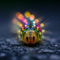 Close Up of a Colorful Caterpillar with Bokeh Lights. A vibrant macro photograph of an insect, illuminated with colorful, out of focus lights. photo
