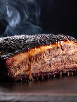 Close up of Smoked Brisket with Delicious BBQ Glaze. Juicy, tender meat with a smoky crust. photo