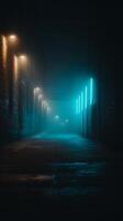 Foggy Night City Alleyway with Neon Lights and Brick Buildings. A dramatic image of an urban alley at night, illuminated by contrasting warm and cool light sources. photo