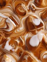 Abstract Swirled Coffee and Cream Texture with Ice Cubes. A close up image showing the rich colors and textures of a blended coffee drink. photo