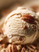 Close Up of Creamy Pecan Ice Cream with Visible Nut Pieces. photo