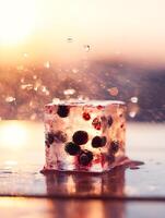 Frozen Berries in Ice Cube at Sunset A Close Up Photography. photo