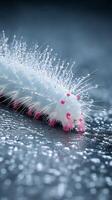 Close up of a fuzzy caterpillar covered in water droplets. A stunning macro photograph showcasing the intricate details of nature. photo