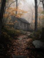 Misty Autumn Path Leading to a Rustic Log Cabin in the Woods. photo