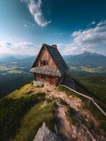 Secluded Mountain Cabin with Stunning Panoramic View. A picturesque wooden house perched atop a mountain, offering breathtaking scenery. photo