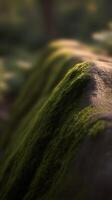Close Up of Moss Covered Rock in Natural Sunlight. A Detailed Image Showing the Texture and Color of Moss Growing on a Stone. photo
