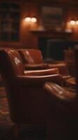 Luxurious Leather Armchairs in a Warmly Lit Interior. A close up view of rich brown leather chairs in a sophisticated setting. photo