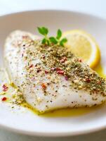 Close up of Herb Crusted Baked Fish Fillet with Lemon. photo
