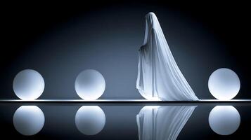 Ethereal Figure in Flowing White Robe, Illuminated by Glowing Spheres. photo