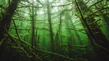 Enigmatic Underwater Forest Moss-Covered Trees in a Misty Green Lagoon. photo