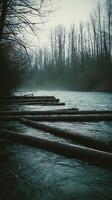 Misty River Scene with Logs Floating Downstream. A serene, atmospheric image of a river flowing through a forest, with logs drifting lazily on the water. photo