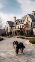 Bernese Mountain Dog in front of a Luxurious Stone Mansion. photo
