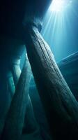Sunbeams Illuminate Submerged Logs in a Mysterious Underwater Scene. photo